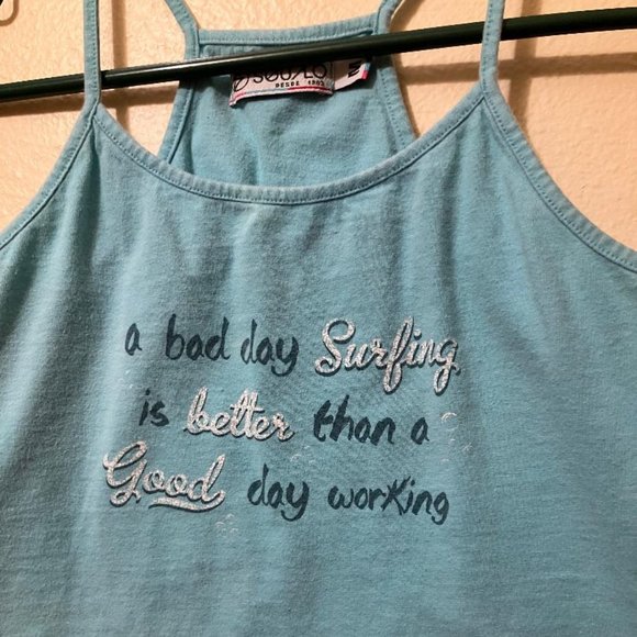 Y2K 'A Bad Day Surfing Is Better Than A Good Day Working' Blue Crop Top Medium - Picture 3 of 6